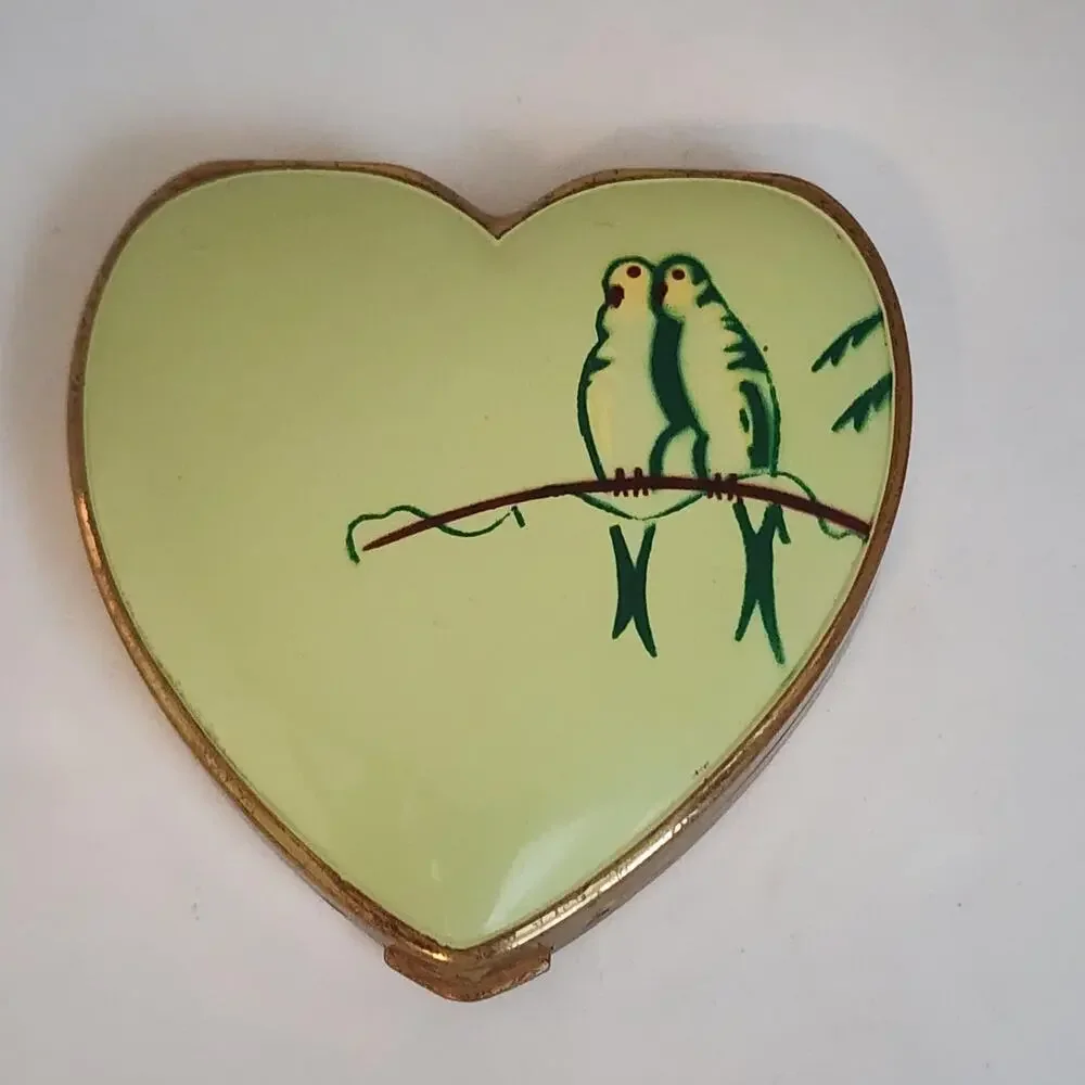 Vintage Heart Compact Lovebirds Mirror Powder Case USA Gold Tone Enamel RARE